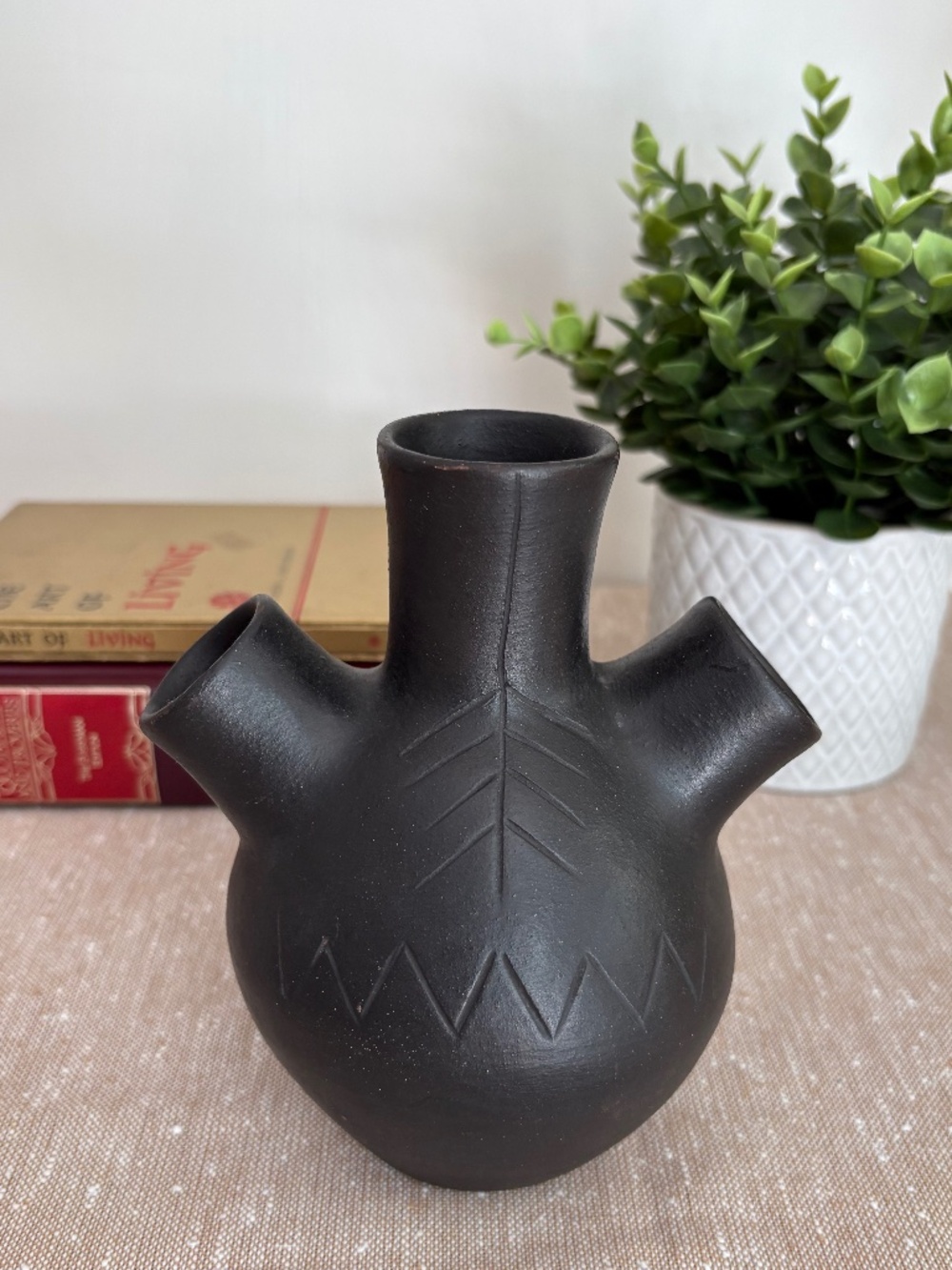 Vintage Signed Gorbea Chile Blackware Boho Multi Spout Hand Etched Pottery Vase